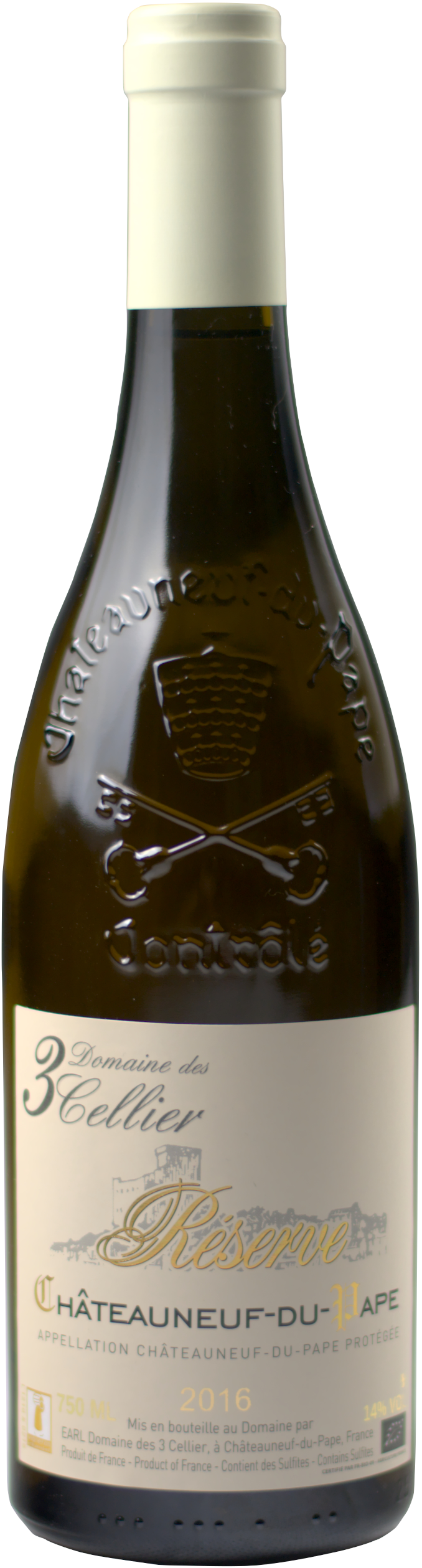 Bouteille de Châteauneuf-du-Pape blanc Réserve Domaine des 3 Cellier
